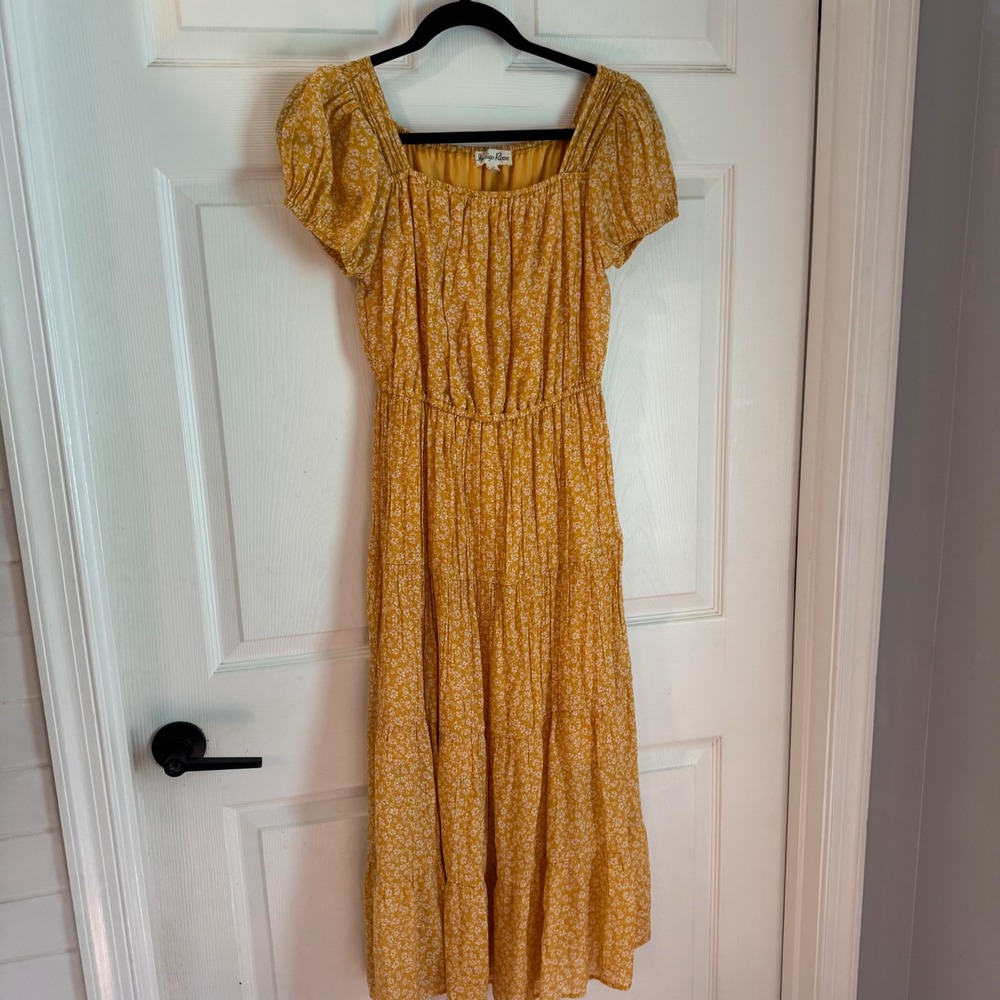 Indigo Rose Midi Dress Women S Yellow Floral Tiered Puff Sleeve Smocked Boho